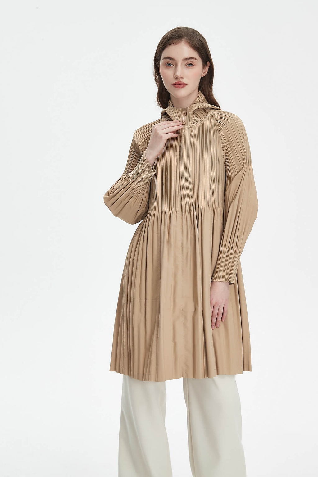 Pleatsart Wrinkle-Free Hooded Pleats Trench Coat