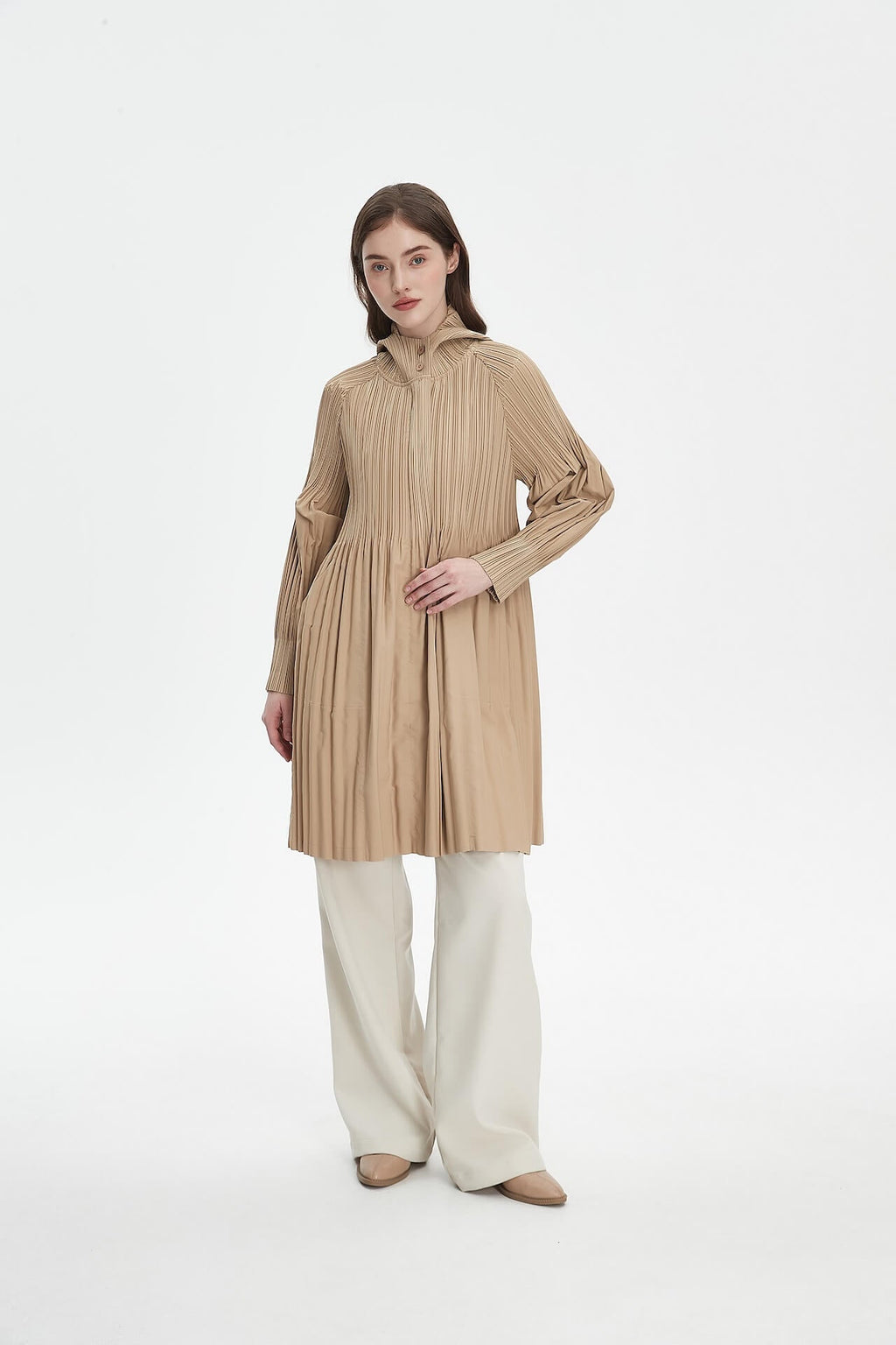 Pleatsart Wrinkle-Free Hooded Pleats Trench Coat
