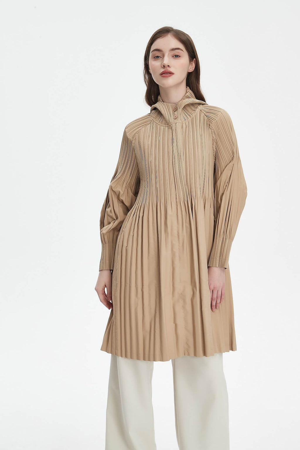 Pleatsart Wrinkle-Free Hooded Pleats Trench Coat