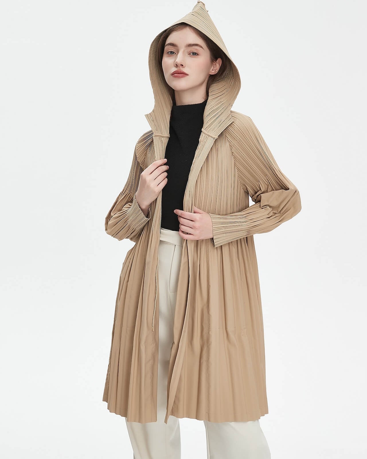 Pleatsart Wrinkle-Free Hooded Pleats Trench Coat