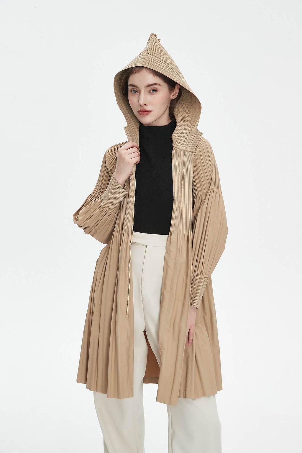 Pleatsart Wrinkle-Free Hooded Pleats Trench Coat