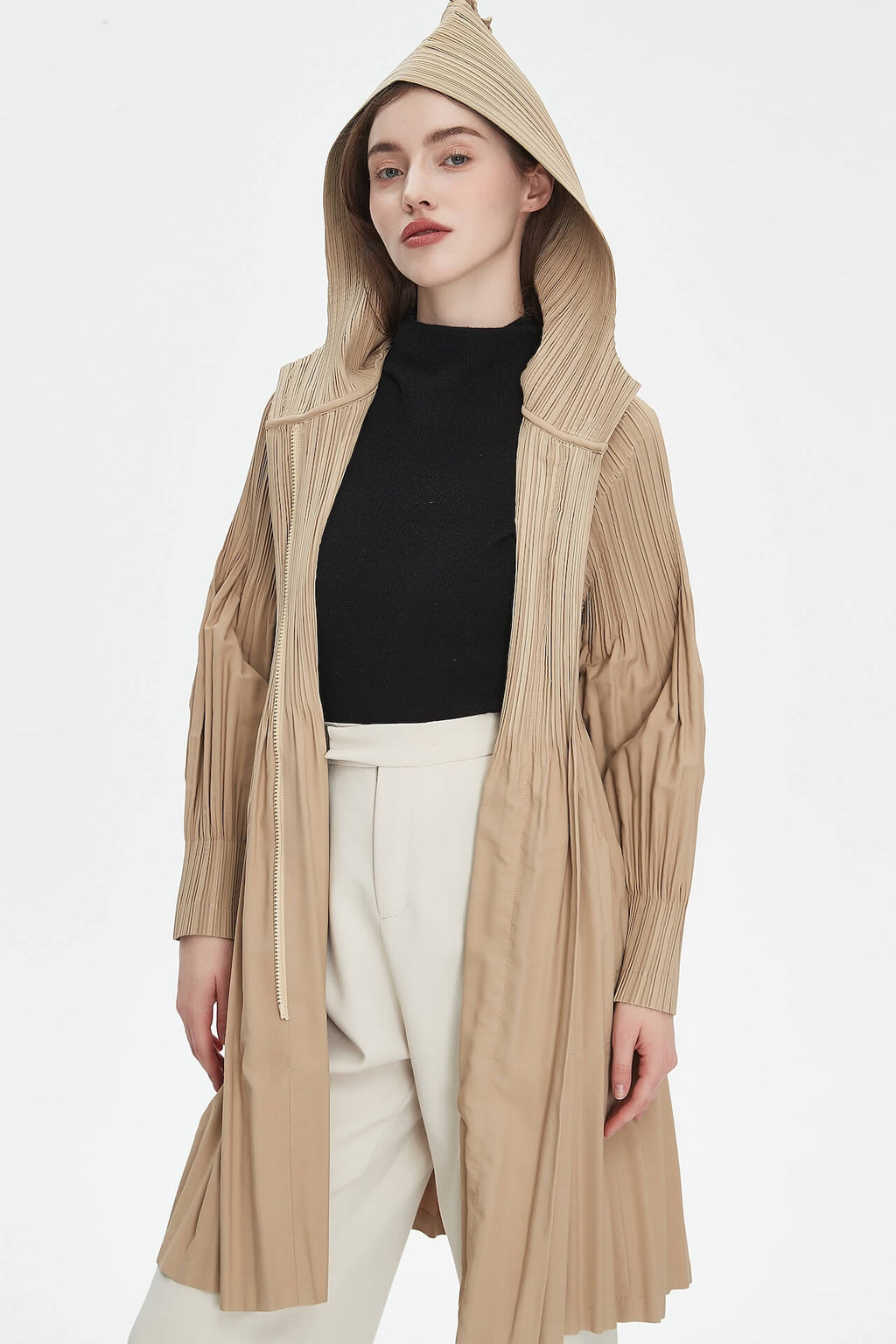 Pleatsart Wrinkle-Free Hooded Pleats Trench Coat