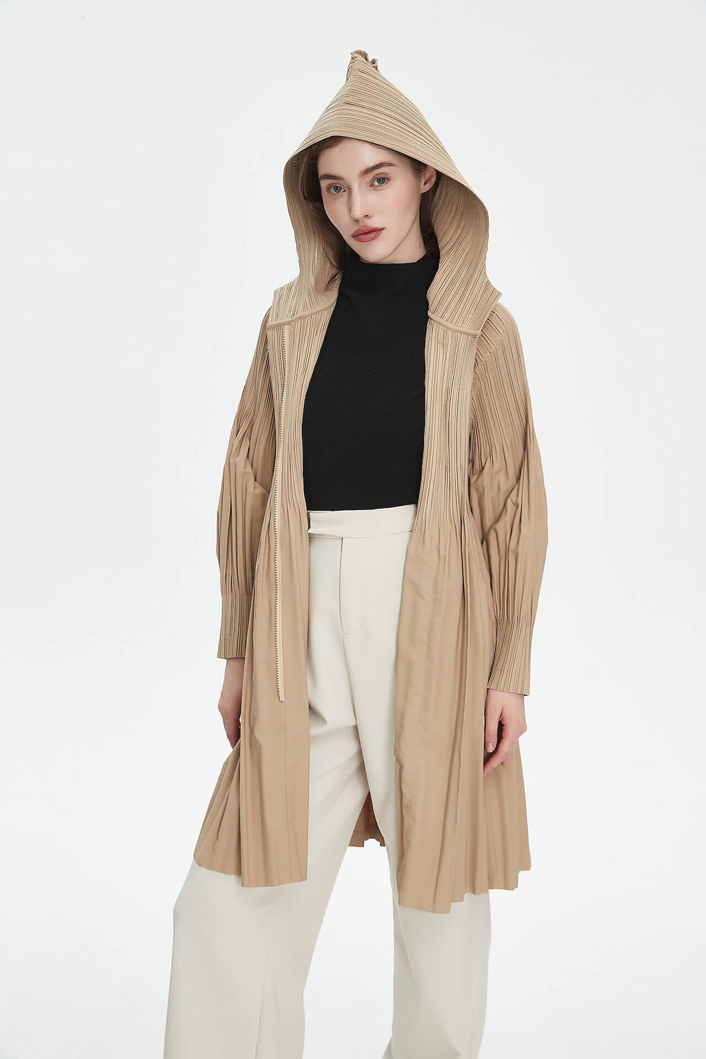 Pleatsart Wrinkle-Free Hooded Pleats Trench Coat