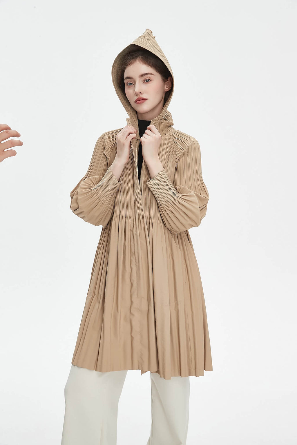 Pleatsart Wrinkle-Free Hooded Pleats Trench Coat