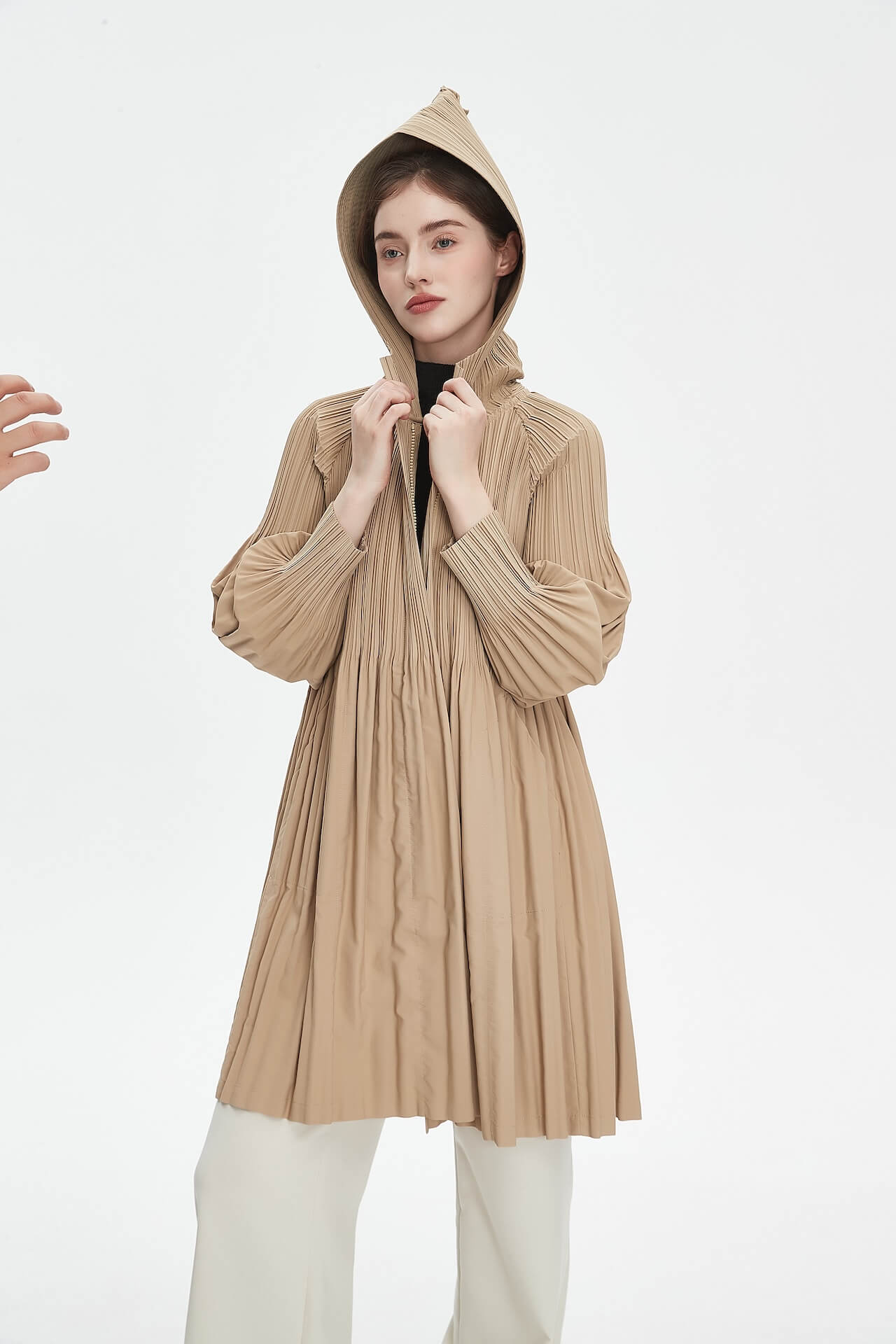 Pleatsart Wrinkle-Free Hooded Pleats Trench Coat