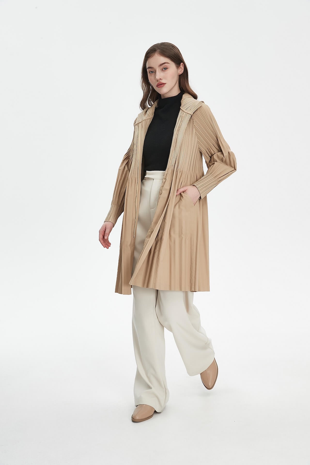 Pleatsart Wrinkle-Free Hooded Pleats Trench Coat