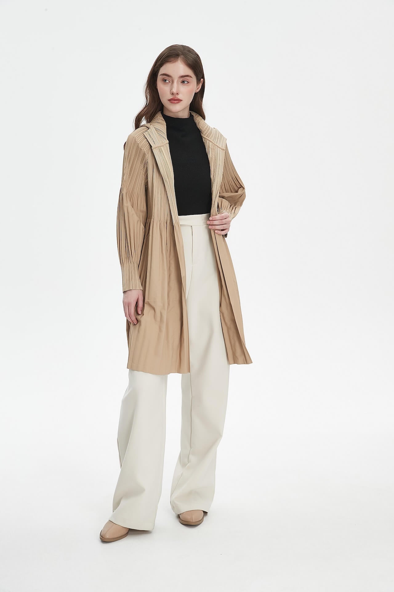 Pleatsart Wrinkle-Free Hooded Pleats Trench Coat