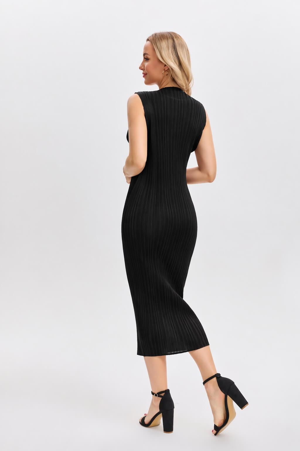 Pleatsart Wrinkle-Free Travel-Friendly Pleats Midi Dress -Black
