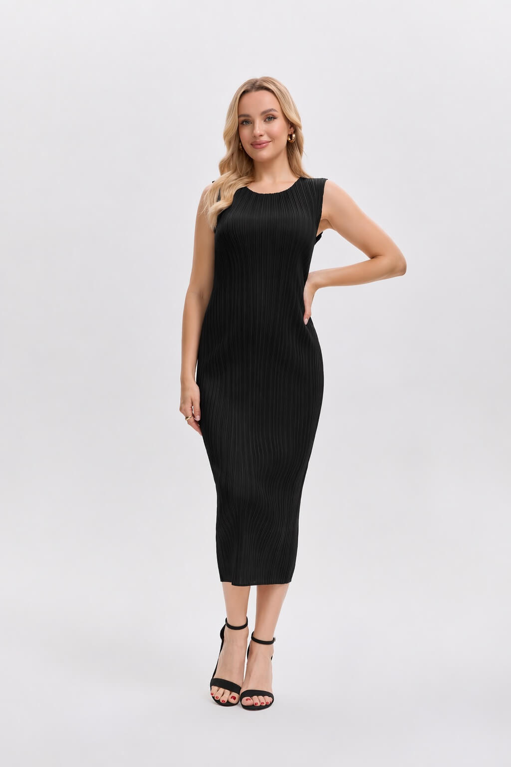 Pleatsart Wrinkle-Free Travel-Friendly Pleats Midi Dress -Black