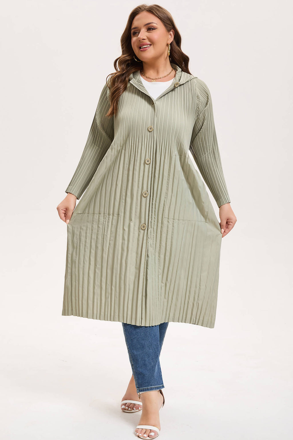 Pleatsart Wrinkle-Free Hooded Pleats Trench Coat