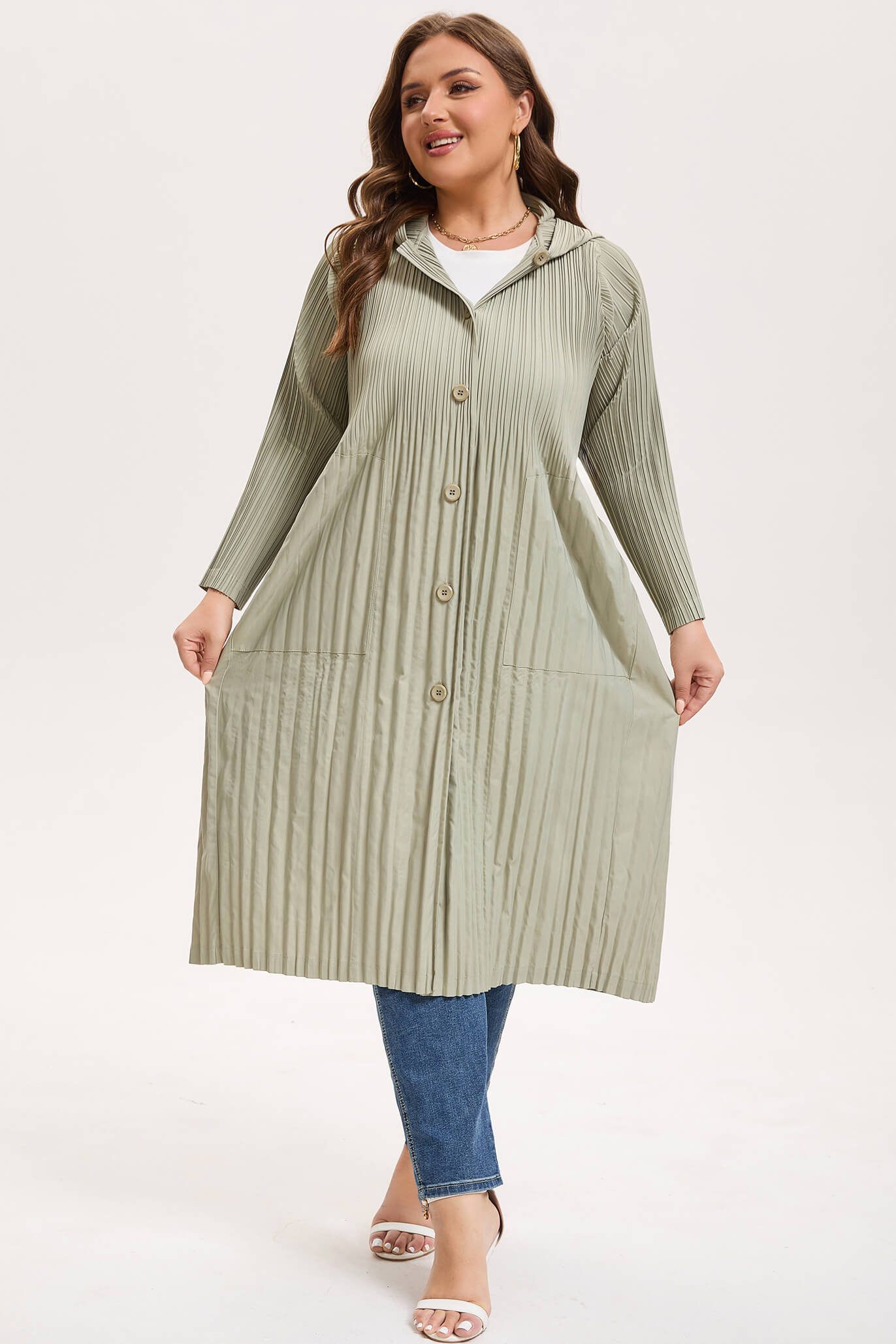 Pleatsart Wrinkle-Free Hooded Pleats Trench Coat