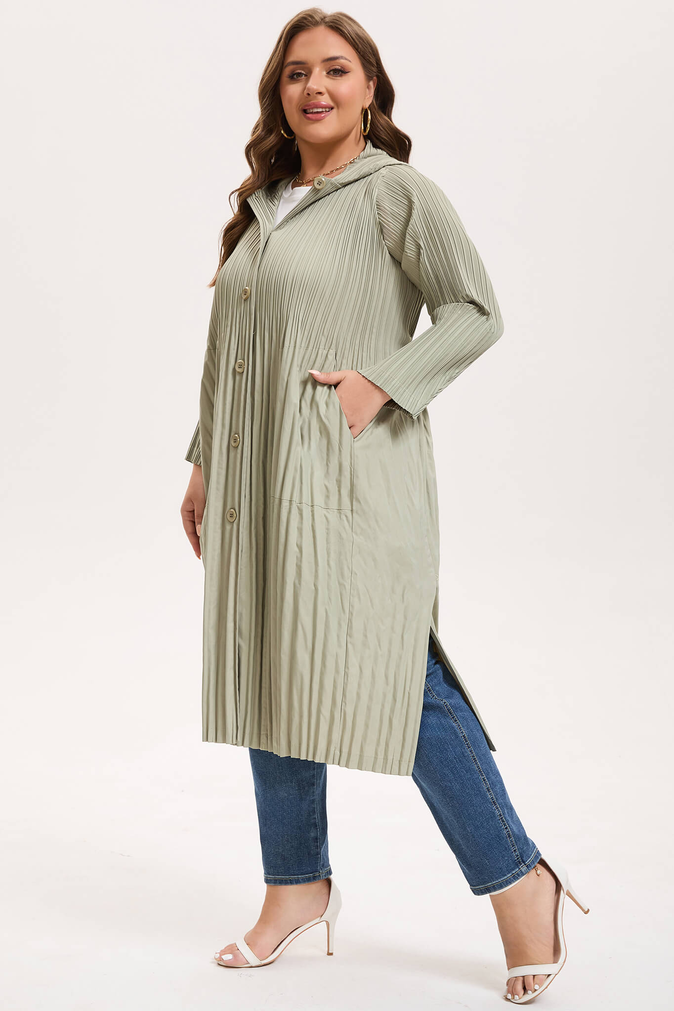 Pleatsart Wrinkle-Free Hooded Pleats Trench Coat