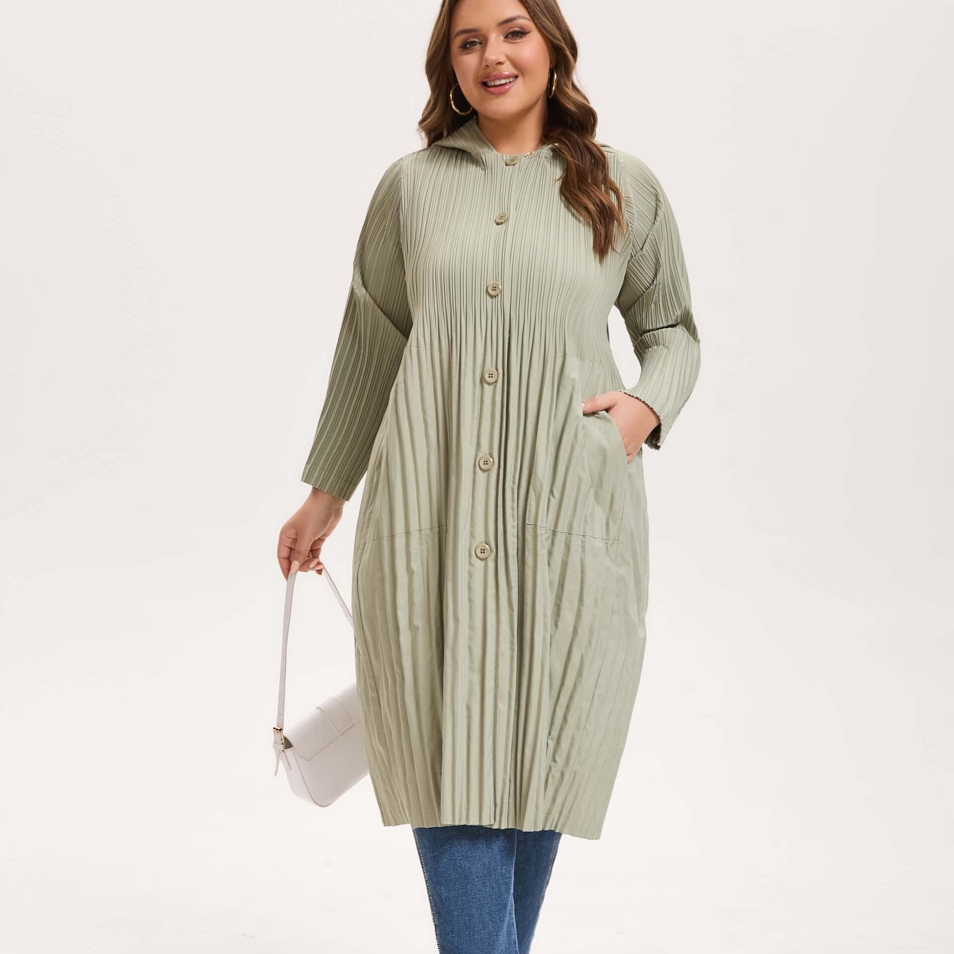 Pleatsart Wrinkle-Free Hooded Pleats Trench Coat